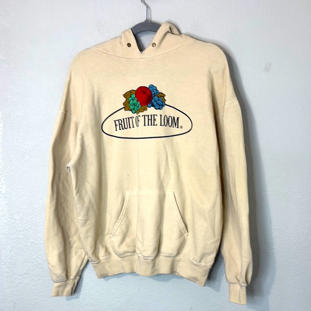 VTG 90s Fruit of the Loom Logo Sweatshirt Hoodie Cream XL